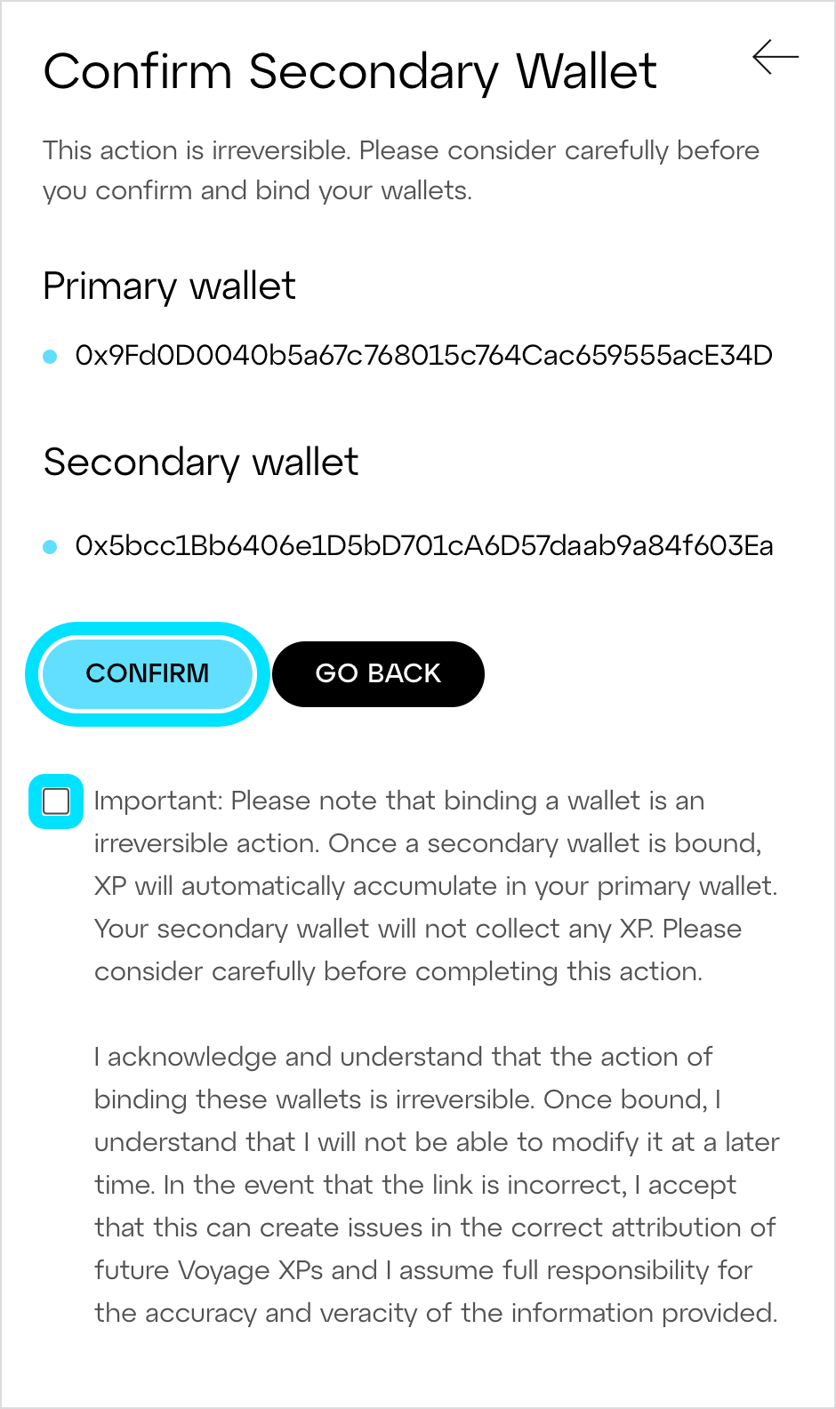 Linea voyage confirm secondary wallet